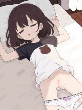1girl arms_up bed bed_sheet bow bow_panties brown_hair cleft_of_venus closed_eyes feet_out_of_frame female_focus loli lying mole mole_on_thigh nam_eless on_back on_bed open_mouth original panties panty_pull pillow pink_bow pussy shirt sleeping solo t-shirt uncensored underwear