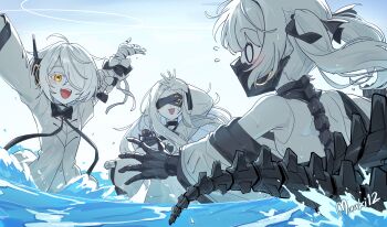 3girls absurdres black_mask blindfold blue_archive colored_skin commentary covered_eyes ein_(blue_archive) hair_over_one_eye highres long_sleeves maaki12 mask mechanical_hands mechanical_tail multiple_girls ohr_(blue_archive) open_mouth partially_submerged respirator segmented_tail short_hair smile sof_(blue_archive) symbol-shaped_pupils tail triplets untranslatable_commentary white_eyes white_hair white_skin x-shaped_pupils yellow_eyes