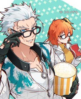 0nodera 1boy 1girl ahoge bespectacled black_gloves coat commentary_request drinking drinking_straw drinking_straw_in_mouth fate/grand_order fate_(series) food forked_eyebrows fujimaru_ritsuka_(female) glasses gloves grey_hair jewelry nagakura_shinpachi_(fate) necklace notched_ear one_side_up orange_hair parted_lips popcorn scar scar_on_face shirt sweater translation_request white_coat white_shirt yellow_sweater