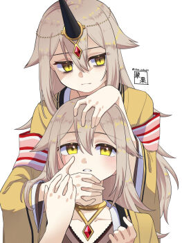 2girls absurdres artist_name azuki_mokyu bags_under_eyes closed_mouth cradling_head double-parted_bangs dual_persona grey_hair hands_on_another&#039;s_head highres horns japanese_clothes kimono kureha_yuna long_hair magia_record:_mahou_shoujo_madoka_magica_gaiden magical_girl mahou_shoujo_madoka_magica messy_hair multiple_girls oni parted_bangs shaded_face single_horn soul_gem twitter_username white_background wide_sleeves yellow_eyes yellow_kimono