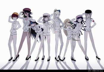 6+girls absurdres alternate_costume ameco_(nanmoneena) black_bow black_hair black_hat black_shoes bow braid breasts brown_hair brown_hat collarbone commentary_request danganronpa_(series) danganronpa_2:_goodbye_despair flipped_hair green_hat hair_bow hat high_heels highres jacket koizumi_mahiru kuzuryu_fuyuhiko long_hair medium_breasts mioda_ibuki multicolored_hair multiple_girls nanami_chiaki no_hair_ornament owari_akane pekoyama_peko pilot_uniform pink_hat ponytail purple_hair red_hair saionji_hiyoko salute shoes short_hair shorts small_breasts sonia_nevermind standing tsumiki_mikan white_hair white_hat white_jacket white_shorts