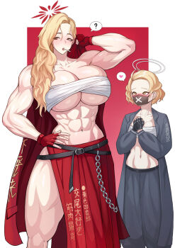 2girls abs akemi_(blue_archive) blue_archive breasts chain chest_sarashi collarbone covered_mouth delinquent flexing gloves halo highres jacket kongman99 long_sleeves mask mole mole_under_eye mouth_mask multiple_girls muscular muscular_female navel red_gloves red_halo sarashi sukeban sukeban_(mg)_(blue_archive) surgical_mask yuri