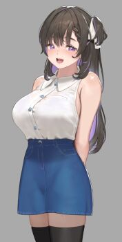 1girl arms_behind_back black_hair black_thighhighs blush breasts collared_shirt colored_inner_hair commentary_request cowboy_shot denim denim_skirt grey_background hair_between_eyes kozuya_hiyori_(satsuki_neko) large_breasts long_hair looking_at_viewer multicolored_hair open_mouth original purple_eyes purple_hair satsuki_neko shirt simple_background skirt sleeveless sleeveless_shirt solo tachi-e teeth thighhighs upper_teeth_only white_shirt