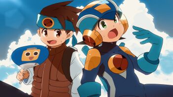 2boys 3suisousui backpack bag blue_bodysuit blue_helmet bodysuit brothers brown_eyes brown_hair cloud commentary_request green_eyes hand_fan helmet highres holding holding_fan lan_hikari_(mega_man) male_focus mega_man_(series) mega_man_battle_network_(series) megaman.exe multiple_boys netnavi orange_vest servbot_(mega_man) shirt siblings sunlight twins upper_body vest white_shirt