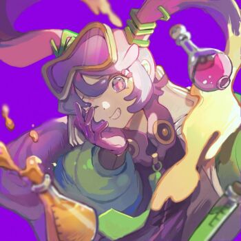 1girl ajing blonde_hair coat colored_eyelashes commentary erlenmeyer_flask flask floating floating_hair floating_object furrowed_brow goggles goggles_on_head green_sleeves grin hair_ornament hand_on_own_cheek hand_on_own_face hatsune_miku jumpsuit liquid long_sleeves looking_at_viewer multicolored_coat multicolored_hair nintendo one_eye_closed open_clothes open_coat pink_hair pink_pupils poison_miku_(project_voltage) pokemon project_voltage puffy_long_sleeves puffy_sleeves purple_background purple_eyes purple_hair purple_jumpsuit raised_eyebrows round-bottom_flask sidelighting simple_background smile solo test_tube upper_body vocaloid zipper zipper_pull_tab