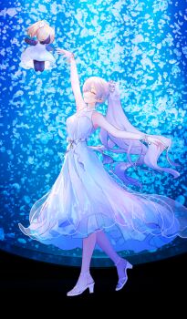 1girl ^_^ anastasia_(fate) anastasia_(over_the_same_sky)_(fate) aquarium arm_above_head bare_shoulders blue_background bracelet breasts closed_eyes commentary_request dancing doll dress fate/grand_order fate_(series) fish_tank game_cg grin hair_over_one_eye high_heel_sandals high_heels jellyfish jewelry long_dress long_hair medium_breasts official_art outstretched_arm photo_background ponytail sandals sime_(echo) sleeveless sleeveless_dress smile solo third-party_source very_long_hair viy_(fate) white_dress white_sandals
