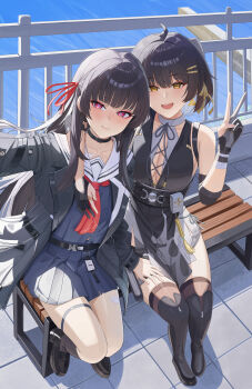 2girls absurdres ahoge arm_on_another's_shoulder bare_shoulders belt bench black_belt black_dress black_gloves black_hair black_jacket black_serafuku black_shoes black_skirt black_thighhighs black_trim blunt_bangs boots breasts buckle chisa_(wuthering_waves) cleavage closed_mouth collarbone colored_inner_hair commentary criss-cross_strings day dress earrings female_rover_(wuthering_waves) gloves hair_ornament hair_ribbon hairclip hand_on_another's_thigh hand_up head_tilt highres id_card jacket jewelry knee_boots kneehighs korean_commentary loafers long_hair long_sleeves looking_at_viewer medium_breasts mole mole_under_eye multicolored_hair multiple_girls on_bench open_mouth outstretched_arm parallel_hairclips partially_fingerless_gloves pelvic_curtain pleated_skirt pouch railing red_eyes red_ribbon ribbon rover_(wuthering_waves) sailor_collar school_uniform serafuku shoes sidelocks sitting skirt sky smile snap-fit_buckle socks soul_(smfa2555) teeth thighhighs thighs tile_floor tiles triangle_earrings upper_teeth_only v very_long_hair white_hair white_sailor_collar wuthering_waves yellow_eyes