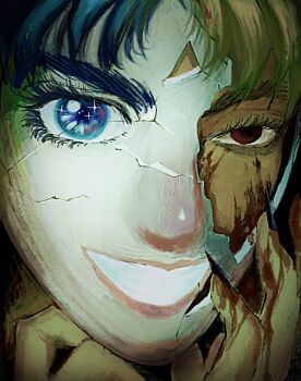 Rule 34 | 1boy, black nails, blonde hair, blood, blood on face, blood on hands, blue eyes, blue hair, cracked kawaii mask, cracked mask, dio brando, fingernails, geroika nootoko, jojo no kimyou na bouken, jonathan joestar, male focus, open mouth, phantom blood, red eyes, sharp fingernails, solo, sparkle