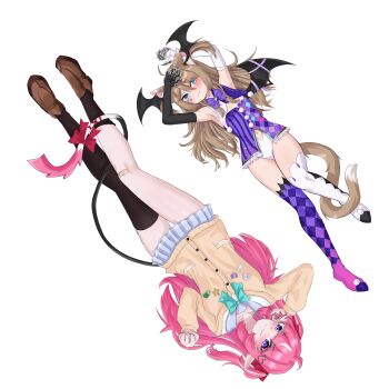 2girls absurdres ahoge animal_ears armpits arms_up asymmetrical_legwear bandaid bandaid_on_knee bandaid_on_leg bell black_thighhighs blue_eyes blue_skirt blush bodice bow bowtie breasts brown_cardigan camila_(vtuber) cardigan cat_ears cat_girl cat_tail closed_mouth clothing_cutout cosplay costume_switch demon_girl demon_tail demon_wings diamond-shaped_pupils diamond_(shape) diamond_facial_mark facial_mark fang full_body hair_between_eyes hair_ornament hairclip head_wings heart heart_hair_ornament highres indie_virtual_youtuber legs loafers long_glove long_hair looking_at_viewer multiple_girls navel navel_cutout neuro-sama pink_hair pleated_skirt pointy_ears pom_pom_(clothes) purple_eyes ritspi shoes simple_background skin_fang skirt small_breasts symbol-shaped_pupils tail thighhighs two_side_up virtual_youtuber white_background wings