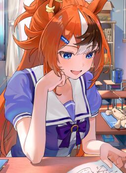 1girl animal_ears blue_eyes blush breasts brown_hair bubble_gum_fellow_(umamusume) ear_chain ear_ornament hair_between_eyes hair_ornament highres horse_ears horse_girl horseshoe_print linked_piercing long_hair multicolored_hair piercing school_uniform solo tainy_y tracen_school_uniform umamusume white_hair