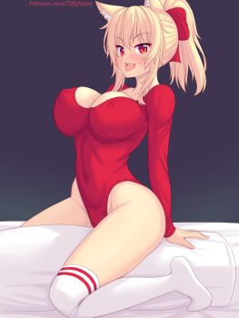 1girl animal_ears arm_support bed blonde_hair blush bow breasts cat_ears cat_girl cat_tail cleavage collarbone covered_erect_nipples fang hair_bow highres large_breasts leotard long_hair long_sleeves looking_at_viewer nottytiffy on_bed on_pillow open_mouth original pillow ponytail red_bow red_eyes red_leotard sitting slit_pupils smile tail teeth thighhighs tiffy_(nottytiffy) tongue tongue_out white_thighhighs