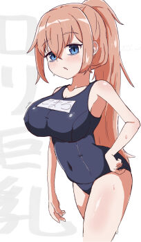 1girl adjusting_clothes adjusting_swimsuit blue_eyes breasts character_name commentary covered_navel cowboy_shot furugo-ri280 grey_background highres large_breasts long_hair michinoku_komaro oppai_loli pink_hair ponytail school_swimsuit seitokai_ni_mo_ana_wa_aru! solo swimsuit wet