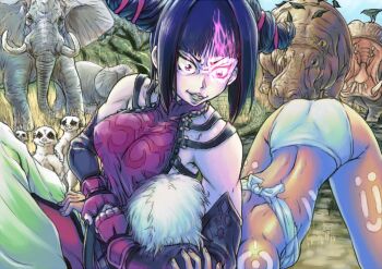 2girls animal ass capcom elena_(street_fighter) elephant evil_grin evil_smile fight glowing glowing_eyes grin han_juri headlock hippopotamus multiple_girls purple_eyes shiru_boo_ookami smile street_fighter street_fighter_iv_(series)