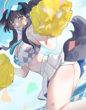 1girl animal_ears ass back black_hair blue_archive blue_eyes blush breasts cheerleader dog_ears dog_girl dog_tail goggles goggles_on_head halo hibiki_(blue_archive) hibiki_(cheer_squad)_(blue_archive) holding holding_pom_poms long_hair looking_at_viewer looking_back millennium_cheerleader_outfit_(blue_archive) official_alternate_costume panties pom_pom_(cheerleading) pom_poms skirt solo ssaknanda star_(symbol) star_sticker sticker sticker_on_face tail thighs underwear upskirt yellow_halo