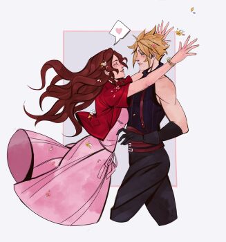 Rule 34 | 1boy, 1girl, absurdres, aerith gainsborough, arms around neck, bare shoulders, belt, black gloves, black pants, black shirt, blonde hair, border, breasts, brown belt, brown hair, closed eyes, closed mouth, cloud strife, cropped jacket, cropped legs, dress, final fantasy, final fantasy vii, final fantasy vii remake, flower, gloves, grey background, hair flower, hair ornament, heart, hetero, highres, jacket, long dress, long hair, looking at another, medium breasts, pants, parted bangs, parted lips, pink dress, red jacket, robasarel, sharp teeth, shirt, short hair, short sleeves, sidelocks, smile, spoken heart, suspenders, teeth, white border