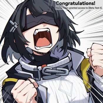 1girl arknights arknights:_endfield black_hair black_jacket black_visor clenched_hands commentary dryegen emphasis_lines endministrator_(arknights) english_commentary english_text facing_up female_endministrator_(arknights) highres jacket open_mouth short_hair solo sweater upper_body white_sweater