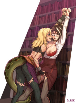 2girls after_kiss against_wall arm_tattoo artist_name ass back_tattoo bare_shoulders between_legs black_leggings black_nails blonde_hair bra breasts brown_hair brown_skirt chain clothes_lift coiled collarbone commentary crotch_grab cuff_links cuffs d-rex drooling eitrian_(myrido) english_commentary facial_tattoo glaring green_eyes hand_grab hand_on_another&#039;s_crotch highres hilde_(bennyking) large_areolae large_breasts leaning_forward leggings library lingerie long_hair looking_at_another medium_breasts messy_hair midriff multicolored_hair multiple_girls one_breast_out open_clothes open_shirt original puffy_nipples rape red_bra red_nails rope_belt saliva saliva_trail semi-rimless_eyewear shackles sharp_teeth shiny_skin shirt skirt skirt_lift smug snake_girl snake_tail streaked_hair tail tail_around_another&#039;s_leg tail_around_own_leg tail_wrap tattoo tearing_clothes teeth tongue torn_clothes two-tone_hair underboob underwear white_background white_hair white_shirt wide_hips you_gonna_get_raped yuri
