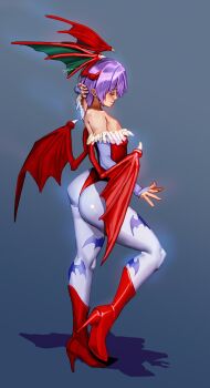 1girl animal_print ass bare_shoulders bat_print bat_wings bridal_gauntlets closed_eyes clothing_cutout commentary darkstalkers demon_girl diamond_cutout flat_chest from_behind head_wings highleg highleg_leotard highres leotard lilith_(darkstalkers) looking_at_viewer looking_back off-shoulder_leotard pantyhose print_pantyhose purple_hair purple_pantyhose red_leotard shiny_skin short_hair smile solo standing symbol-only_commentary wings yukinoshin_f