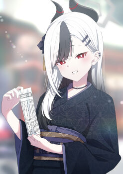 1girl :d black_choker black_hair black_kimono blue_archive blurry blurry_background blush bright_pupils choker commentary_request day depth_of_field grin hair_ornament highres holding holding_omikuji horns japanese_clothes kayoko_(blue_archive) kimono long_hair long_sleeves mikami_makoto_(makot0_01) multicolored_hair obi omikuji open_mouth outdoors parted_lips piercing red_eyes sash smile solo streaked_hair tassel tassel_hair_ornament two-tone_hair upper_body white_hair wide_sleeves yukata
