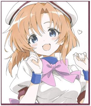 1girl :d absurdres blue_eyes blunt_ends blush bow bowtie commentary_request hair_between_eyes hands_up hat heart highres higurashi_no_naku_koro_ni looking_at_viewer niyane open_mouth orange_hair parted_bangs pink_bow pink_bowtie ryuuguu_rena shirt short_hair short_sleeves simple_background smile solo upper_body white_background white_hat white_shirt