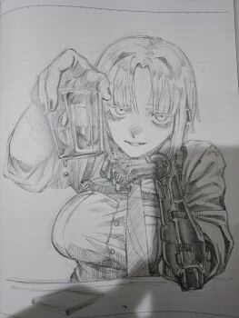 Rule 34 | 1girl, alcohol, bags under eyes, blunt ends, breasts, commentary request, cup, dress shirt, drinking glass, earclip, elbow on table, graphite (medium), hair intakes, hatching (texture), head on hand, holding, holding cup, incoming drink, jitome, linear hatching, looking at viewer, mechanical arms, medium breasts, medium hair, mn90047517, necktie, original, parted bangs, parted lips, photo (medium), pov, sanpaku, shirt, single mechanical arm, sketch, solo, talking, traditional media, upper body