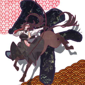 1girl absurdres aiming archery arrow_(projectile) black_gloves black_hakama bow_(weapon) breasts brown_eyes brown_hair centaur chinese_zodiac closed_mouth clothing_cutout commentary_request floating_hair full_body gauntlets gloves groin hair_between_eyes hakama hakama_skirt highres hip_vent holding holding_bow_(weapon) holding_weapon hooves horse_tail japanese_clothes kimono kyuudou large_breasts long_hair long_sleeves monster_girl multicolored_hair multiple_legs muneate original partially_fingerless_gloves partly_fingerless_gloves ponytail shadow sidelocks single_gauntlet skirt solo svalbard_raichou tail taur two-tone_hair weapon white_hair white_kimono year_of_the_horse yugake yumi_(bow)