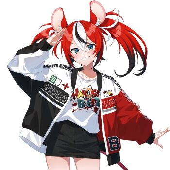 Rule 34 | 1girl, absurdres, animal ear fluff, animal ears, black hair, black skirt, black streaks, blue eyes, character name, clothes writing, collarbone, corsetman, double-parted bangs, hair between eyes, hakos baelz, hand to head, highres, hololive, hololive english, jacket, letterman jacket, looking at viewer, mouse ears, mouse tail, multicolored hair, multicolored jacket, red hair, sharp teeth, shirt, skirt, smile, standing, tail, teeth, thighs, twintails, uneven twintails, virtual youtuber, white background, white hair, white shirt