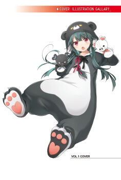 Rule 34 | 029, 1girl, animal costume, animal ears, animal hood, bear costume, bear ears, bear hood, black ribbon, blush, cosplay, english text, fang, full body, green hair, hair ribbon, hand puppet, hands up, highres, hood, hood up, kigurumi, kuma kuma kuma bear, long hair, looking at viewer, official art, open mouth, puppet, red eyes, red nails, ribbon, simple background, solo, third-party source, white background, yuna (kuma kuma kuma bear)
