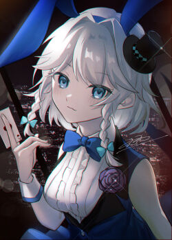 1girl absurdres black_hat blue_coat blue_eyes blush braid card closed_mouth coat collared_shirt grey_hair hat highres holding holding_card izayoi_sakuya izayoi_sakuya_(horned_rabbit_silver_juggler) long_sleeves rokuya_(68_zusao) shirt short_hair signature solo top_hat touhou twin_braids upper_body white_shirt