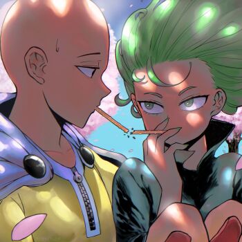 1boy 1girl absurdres bald cape cherry_blossoms devovas food green_eyes green_hair green_nails hetero highres one-punch_man petals pocky pocky_kiss saitama_(one-punch_man) shared_food superhero_costume tatsumaki tree tree_shade white_cape