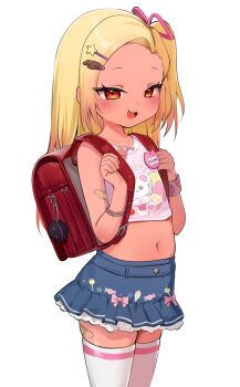 1girl :3 absurdres backpack bad_tag bag bandaid bandaid_on_arm bandaid_on_leg blonde_hair blush chiimanju female_focus gyaru hair_ornament hair_ribbon hairclip highres jojifuku loli long_hair mesugaki navel orange_eyes original ponytail randoseru ribbon shirt side_ponytail simple_background skirt sleeveless sleeveless_shirt smile solo standing stomach tan thighhighs white_background white_thighhighs zettai_ryouiki