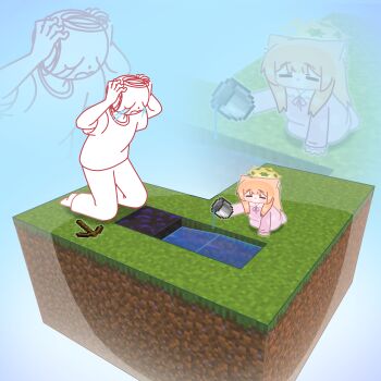1boy 1girl absurdres animal_ear_fluff animal_ears arms_up blue_archive blunt_bangs chibi closed_eyes closed_mouth cobblestone_generator commentary_request crying doodle_sensei_(blue_archive) halo hands_on_own_head highres holding horuhara kneeling korean_commentary long_hair long_sleeves mari_(blue_archive) minecraft neck_ribbon no_nose orange_hair pajamas pants pickaxe pink_pajamas pink_slippers polka_dot polka_dot_pajamas ribbon sensei_(blue_archive) shirt short_sleeves skyblock slippers streaming_tears tears water yellow_halo you're_doing_it_wrong zoom_layer