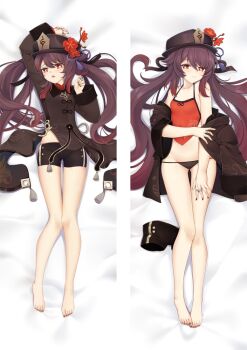 1girl arm_up barefoot bed_sheet black_hat black_nails black_panties black_shorts breasts brown_hair closed_mouth collarbone commentary_request dakimakura_(medium) flower from_above full_body genshin_impact gluteal_fold hair_between_eyes halterneck hat hat_flower hu_tao_(genshin_impact) jewelry long_hair looking_at_viewer lowleg lowleg_panties lying moeanime multiple_views nail_polish no_panties on_back on_bed open_mouth panties red_eyes red_flower red_nails ring short_shorts shorts small_breasts smile string_panties swept_bangs thigh_gap toenail_polish toenails tongue tongue_out twintails underwear unworn_shorts very_long_hair