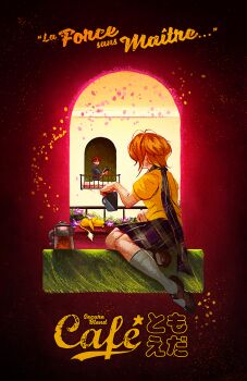 1boy 1girl brown_hair cardcaptor_sakura coffee coffee_mug coffee_pot copyright_request cup french_text glasses highres kero_(cardcaptor_sakura) kinomoto_sakura li_syaoran mug over-rim_eyewear parody plaid_clothes plaid_scarf plaid_skirt puffy_short_sleeves puffy_sleeves scarf school_uniform semi-rimless_eyewear short_hair short_sleeves skirt solo_focus tomoeda_middle_school_uniform voodoothur window windowsill