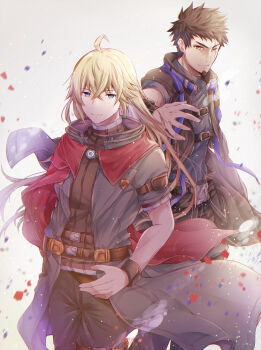 2boys beard blonde_hair brown_hair cape coat cowboy_shot facial_hair highres long_hair male_focus multiple_boys open_clothes open_coat red_cape rex_(xenoblade) scar scar_across_eye scar_on_face shulk_(xenoblade) ui_frara white_background xenoblade_chronicles_(series) xenoblade_chronicles_3 xenoblade_chronicles_3:_future_redeemed