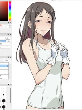 1girl art_program_in_frame blush brown_eyes brown_hair colored_inner_hair girls_band_cry gloves long_hair multicolored_hair one-piece_swimsuit open_mouth puge rin_(girls_band_cry) simple_background solo sweatdrop swimsuit white_background white_gloves white_one-piece_swimsuit