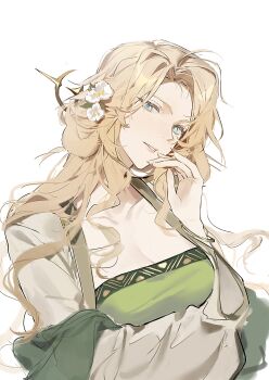 1girl absurdres animal_ears arknights blonde_hair blue_eyes breasts cardigan chinese_commentary cleavage commentary_request curtained_hair dog_ears dog_girl dress droopy_ears flower green_dress hair_flower hair_ornament hair_over_shoulder hand_up head_tilt highres joshua_(shisanli934) kristen_(arknights) long_hair long_sleeves medium_breasts open_clothes solo wavy_hair white_cardigan