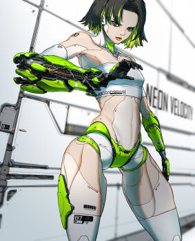 1girl absurdres android armpits bare_shoulders black_hair breasts cho_yonghee colored_inner_hair doll_joints green_eyes green_hair highres joints looking_at_viewer mechabare mechanical_arms multicolored_hair navel original robot_joints short_hair small_breasts solo thighs