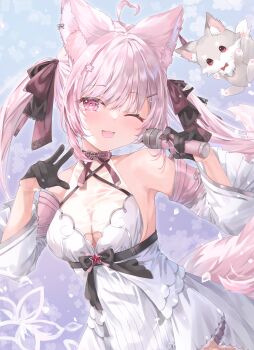 Rule 34 | 1girl, ;d, absurdres, ahoge, animal ear fluff, animal ears, backlighting, bare shoulders, black bow, black gloves, blue background, blush, bow, breasts, cleavage, commentary request, commission, cowboy shot, detached sleeves, dog, dog ears, dog girl, dog tail, dress, eyes visible through hair, falling petals, fang, felicia lulufleur, floating hair, floral background, flower, gloves, grey dog, hair between eyes, hair bow, hair flower, hair ornament, hairclip, half gloves, hands up, happy, heart, heart ahoge, highres, holding, holding microphone, indie virtual youtuber, long hair, long sleeves, looking at viewer, medium breasts, microphone, one eye closed, open mouth, parallel hairclips, petals, pink flower, pink hair, red eyes, sidelocks, simple background, skeb commission, skin fang, sleeveless, sleeveless dress, smile, solo, tail, tsumugi-t, twintails, very long hair, virtual youtuber, w, white dress, wide sleeves
