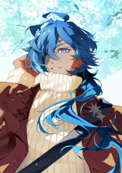 Rule 34 | absurdres, alternate costume, blue eyes, blue hair, brown jacket, dark-skinned male, dark skin, diamond-shaped pupils, diamond (shape), eyelashes, eyepatch, genshin impact, hashtag-only commentary, highres, jacket, kaeya (genshin impact), layered sleeves, long hair, looking at viewer, mulkimchii, one eye covered, open clothes, open jacket, parted lips, shirt, sleeves past wrists, smile, sweater, symbol-shaped pupils, tree, turtleneck, turtleneck sweater, upper body, white shirt