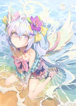 1girl ahoge azusa_(blue_archive) azusa_(swimsuit)_(blue_archive) beach bikini blue_archive bow breasts closed_mouth feathered_wings flower frilled_bikini frills hair_between_eyes hair_bow hair_flower hair_ornament highres jewelry jhigf long_hair looking_at_viewer necklace ocean pink_bow puckered_lips purple_eyes purple_flower purple_hair sand sitting small_breasts solo swimsuit white_wings wings