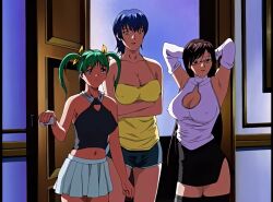 00s 1boy 3girls animated anime_screenshot ass audible_speech blue_hair bouncing_breasts breasts brown_hair discipline:_the_record_of_a_crusade english_audio glasses green_hair harem hayami_takurou kaneda_maiko large_breasts long_hair miyagishi_yuuki multiple_girls navel nipples no_bra nonomura_ruri panties short_hair sound tagme tank_top teamwork topless_female underwear undressing video