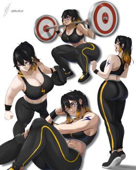 1girl abs arm_tattoo artist_name ass barbell black_hair black_leggings black_shoes black_sports_bra blue_eyes breasts cleavage collarbone colored_tips commentary crop_top dumbbell earrings english_commentary exercising feet_out_of_frame filtexfil full_body highres hikari_(filtexfil) holding hoop_earrings jewelry large_breasts leggings lightning_bolt_print lightning_bolt_symbol lips long_hair looking_at_viewer multicolored_hair multiple_views navel orange_hair original pants ponytail reclining scar scar_across_eye scar_on_face shiny_clothes shoes sidelocks simple_background sitting sneakers socks solo sports_bra squat_(exercise) standing tattoo tiptoes toned toned_female two-tone_hair weightlifting weights white_background white_socks workout_clothes wristband