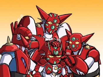 cheek_poking commentary_request getter-1 getter_arc getter_dragon getter_robo getter_robo_(classic) getter_robo_arc getter_robo_g gradient_background headpat height_difference mecha mecha_focus motsuta_n no_humans poking robot shin_getter-1 shin_getter_robo signature super_robot