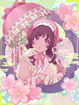 Rule 34 | 1girl, :o, artist name, blue background, bonnet, border, bow, bowtie, brown hair, cherry blossoms, commentary, cropped torso, dot nose, double bun, dress, extra ears, eyelashes, floral background, flower, frilled bow, frilled dress, frilled sleeves, frills, gloves, green border, hair bun, hair over shoulder, hair ribbon, hand on own cheek, hand on own face, hashtag-only commentary, highres, holding, holding umbrella, japanese clothes, kimono dress, lace-trimmed headwear, lace trim, large bow, light blush, lolita fashion, long hair, long sleeves, looking at viewer, open mouth, original, parasol, pink bonnet, pink bow, pink bowtie, pink dress, pink eyes, pink flower, pink umbrella, reean, ribbon, solo, tareme, two-tone dress, umbrella, umbrella over shoulder, wa lolita, waist bow, wavy hair, white bow, white dress, white gloves, white ribbon
