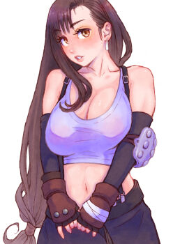 1girl bare_shoulders black_hair black_skirt black_sleeves blush breasts brown_eyes brown_gloves brown_hair cleavage collarbone commentary_request crop_top delarocha82 detached_sleeves earrings elbow_pads final_fantasy final_fantasy_vii fingerless_gloves gloves hair_behind_ear highres jewelry large_breasts lips long_hair looking_at_viewer low-tied_long_hair midriff navel parted_lips pink_lips single_elbow_pad single_sidelock skirt solo suspender_skirt suspenders tank_top tifa_lockhart upper_body white_background white_tank_top