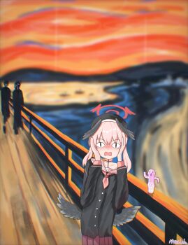 Rule 34 | <|> <|>, 1girl, 2others, absurdres, beret, black choker, black hat, black shirt, black wings, blue archive, blush, bridge, choker, commentary, cowboy shot, feathered wings, fine art parody, hair between eyes, halo, hands on own cheeks, hands on own face, hands up, haniwa (statue), hat, head wings, highres, koharu (blue archive), long hair, long sleeves, low wings, mensiah, multiple others, neckerchief, nose blush, open mouth, orange sky, outdoors, parody, pink hair, pink neckerchief, pleated skirt, red halo, red skirt, river, sailor collar, sailor shirt, school uniform, serafuku, shirt, signature, skirt, sky, solo focus, the scream, twintails, wavy mouth, white sailor collar, winged halo, wings