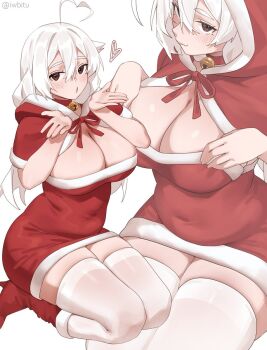 1girl ahoge artist_name bare_arms bell bikini blowing_kiss boots breasts brown_eyes capelet choker cleavage commentary dress front-tie_bikini_top front-tie_top fur-trimmed_capelet fur-trimmed_hood fur_trim hair_between_eyes hands_on_own_chest heart heart_ahoge highres hood hood_down hood_up hooded_capelet huge_breasts iwbitu jingle_bell light_blush long_hair looking_at_viewer multiple_views navel neck_bell neck_ribbon nyopu o3o original plump red_boots red_capelet red_choker red_ribbon ribbon santa_costume santa_dress simple_background sitting smile swimsuit thighhighs twitter_username wariza white_background white_hair white_thighhighs zettai_ryouiki