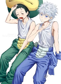 2026 2boys =_= alternate_costume animal_costume blue_eyes blue_gloves blush closed_mouth commentary_request frog_costume gloves gon_freecss green_hair highres hot hunter_x_hunter invisible_chair killua_zoldyck korean_commentary looking_at_viewer male_focus multiple_boys nnaa0_o open_mouth short_hair signature simple_background sitting sweat tank_top twitter_username white_background white_hair white_tank_top
