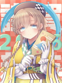 1girl 2026 black_hat blue_eyes braid brown_hair checkered_background checkered_clothes commentary_request gloves hagoita hair_ornament hat highres japanese_clothes kantai_collection kimono long_hair low_twintails nagi_kantai114 official_alternate_costume paddle propeller_hair_ornament red_background smile solo striped_clothes striped_kimono teruzuki_(kancolle) twin_braids twintails upper_body white_gloves yellow_kimono